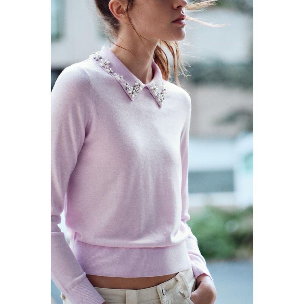 Purple Lilac Zara Pointed Jewel Rhinestone Bead Embellished Collar Knit Sweater